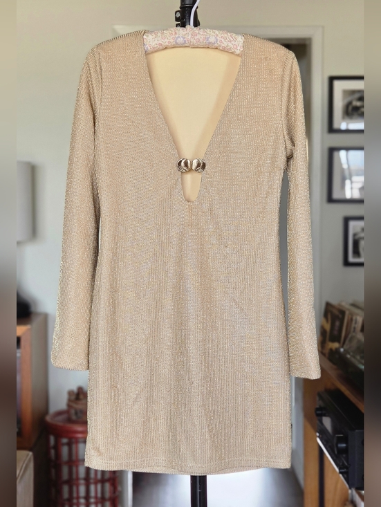 Dresses & Skirts - Metallic Knit Mini Dress with Decorative Shell Clasp